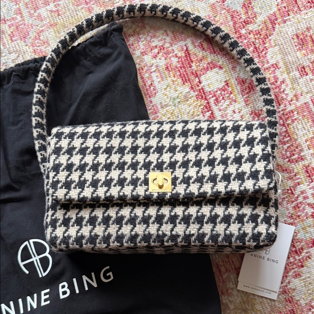 Anine Bing Black & Cream Houndstooth Shoulder Bag with Gold Turn Lock